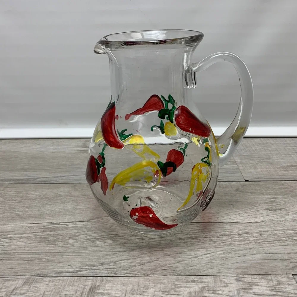 Vintage Hand Painted Chili Pepper Glass Pitcher Red Yellow Southwestern Decor